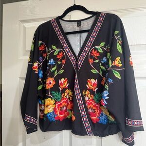 SHEIN Black and Red Graphic Wrap Blouse